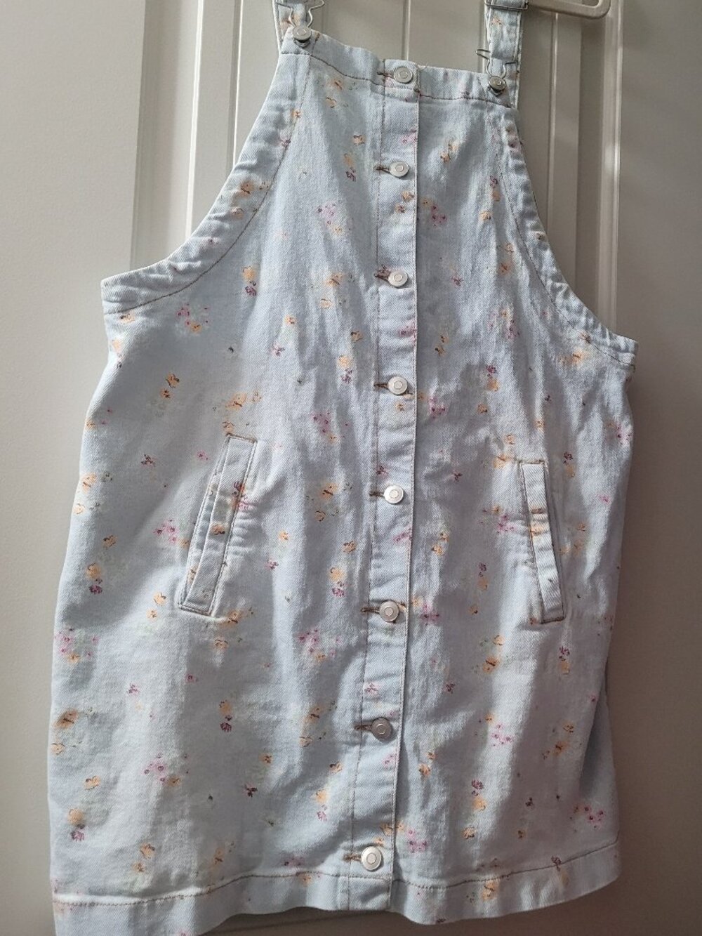 Overalls Dress Denim Light Blue Floral Print XL